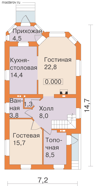 Вытянутый коттедж с эркером № T-151-1K [Y-012] - 1-й этаж