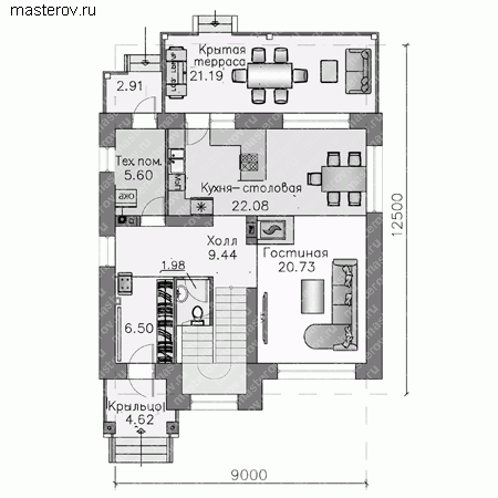 Проект пенобетонного дома № T-182-1P - 1-й этаж