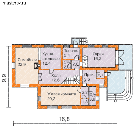 Проект дома-коттеджа для участка  № T-205-1K [34-98, проект 7-408] - 1-й этаж