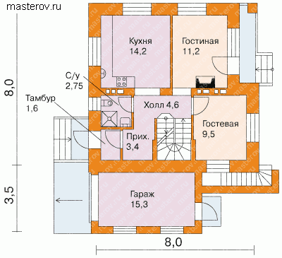 Типовой проект дома на участке № T-209-1K [33-83,  W-124] - 1-й этаж