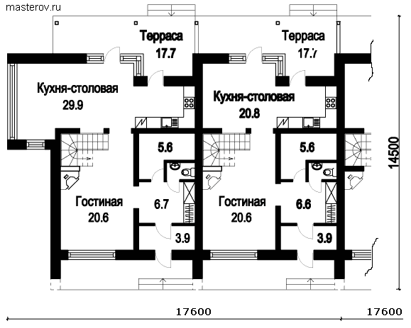 Загородный дом на 4 квартиры № T-563-1P - 1-й этаж