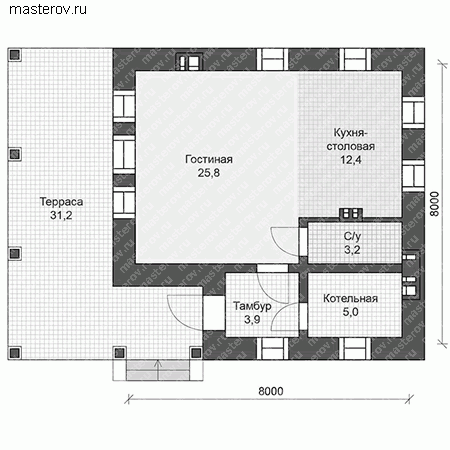 Проект квадратного дома № U-050-1K - 1-й этаж