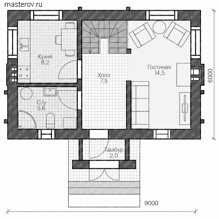 Проект пенобетонного дома № U-074-1P - 1-й этаж