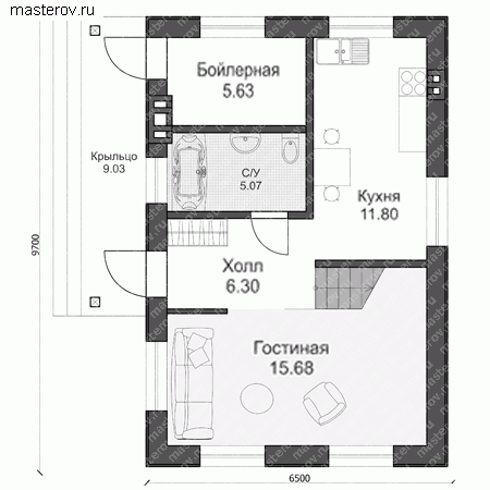 Проект пенобетонного дома № U-088-1P - 1-й этаж