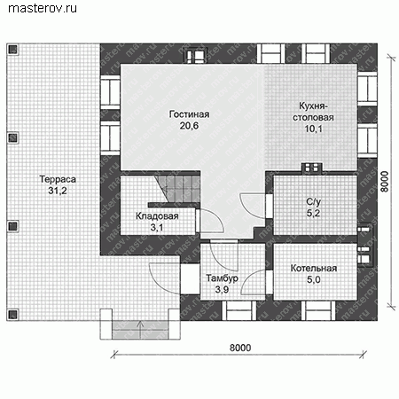 Проект пенобетонного дома № U-093-1P - 1-й этаж