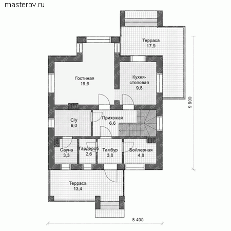 Двухэтажный коттедж из газобетона  № U-113-1P - 1-й этаж