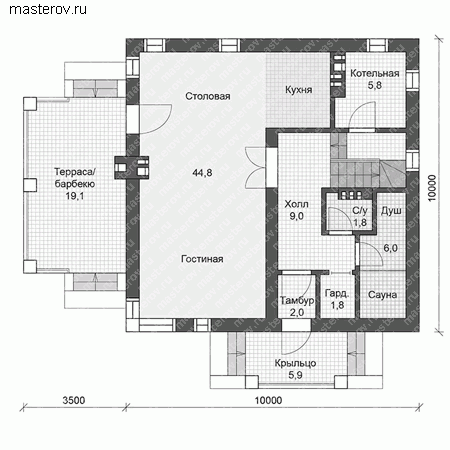 Чертежи красивого дома с сауной № U-143-1K - 1-й этаж