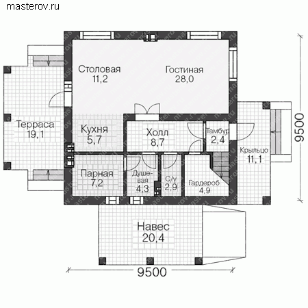 Проект кирпичного дома № U-147-1K - 1-й этаж