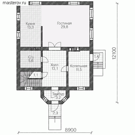 Проект пенобетонного дома № U-150-1P - 1-й этаж