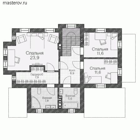 Типовой проект 2-этажного коттеджа  № U-151-1P - 2-й этаж