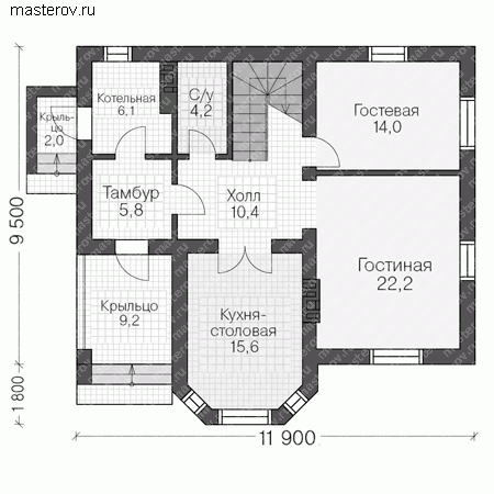 Кирпичный дом с облицовкой № U-155-1K - 1-й этаж