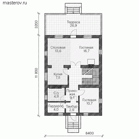 Частный коттедж с цоколем, проект № U-216-1P - 1-й этаж