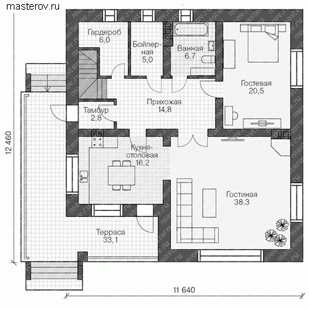 Проект пенобетонного дома № U-217-1P - 1-й этаж
