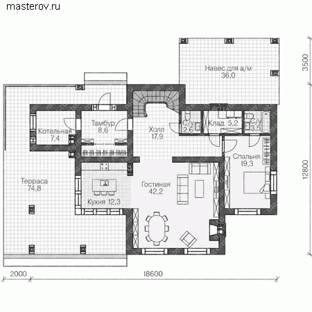 Проект пенобетонного дома № U-236-1P - 1-й этаж