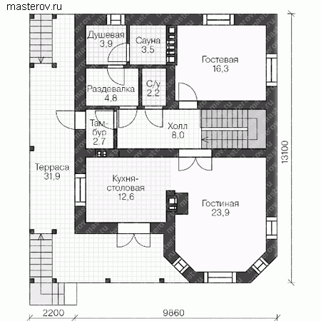 Трехэтажный дом с гаражом проект № U-237-1P - 1-й этаж
