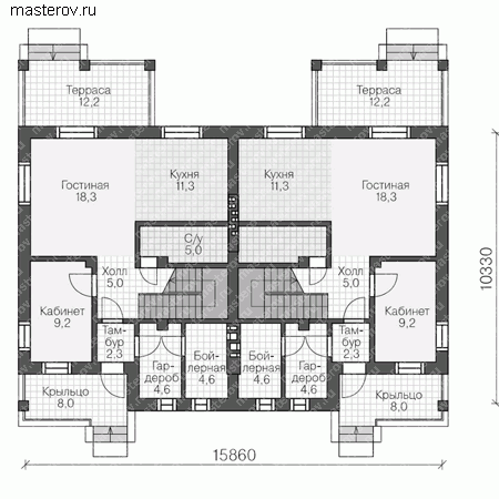 Проект кирпичного дома на две семьи № U-242-1K - 1-й этаж