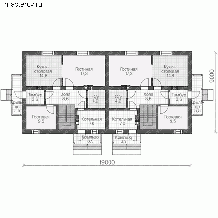 Проект пенобетонного дома на две семьи № U-262-1P - 1-й этаж
