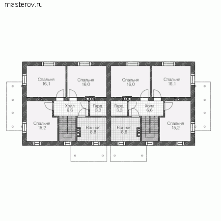 Проект пенобетонного дома на две семьи № U-262-1P - 2-й этаж