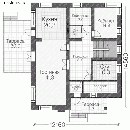 Проект кирпичного дома на две семьи № U-265-1K - 1-й этаж