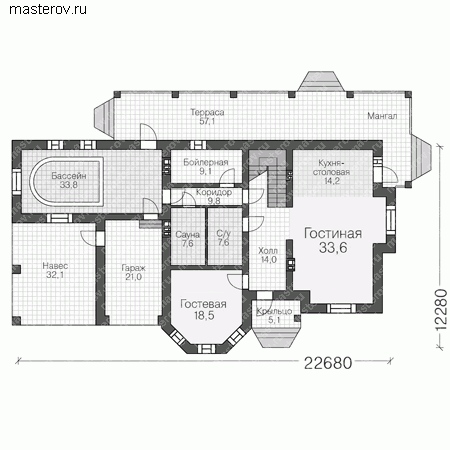 Проект кирпичного дома из теплой керамики № U-272-1K - 1-й этаж