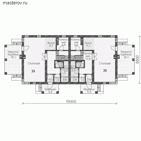 Проект пенобетонного дома на две семьи № U-282-1P - 1-й этаж