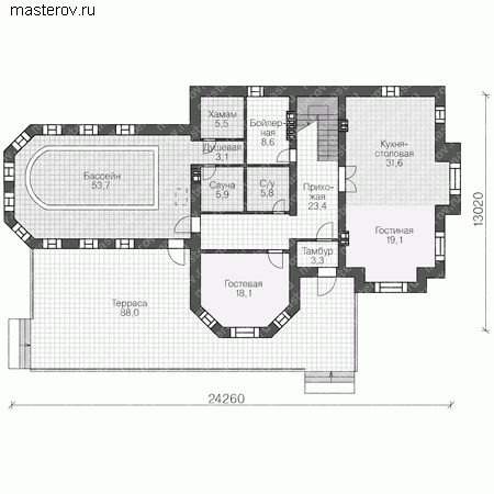 Двухэтажный дом с бассейном и сауной № U-300-1K - 1-й этаж