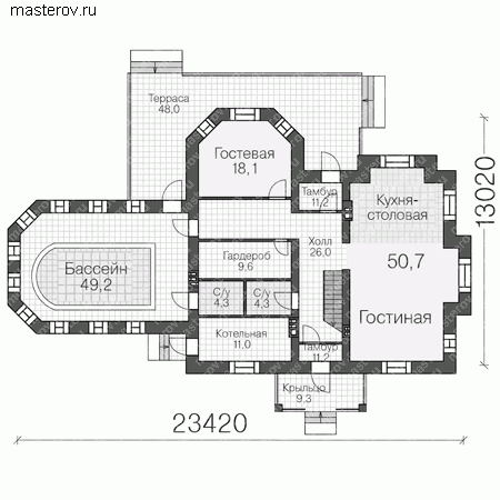 Проект кирпичного особняка № U-300-3K - 1-й этаж