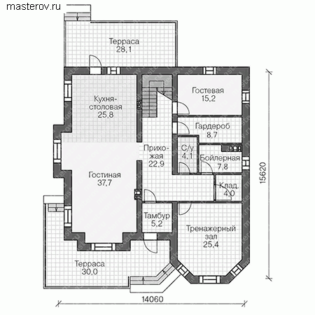 Проект дома 2 этажа, с мансардой № U-350-1K - 1-й этаж