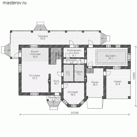 Проект пенобетонного дома № U-352-1P - 1-й этаж