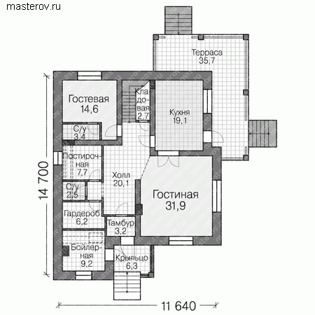Проект пенобетонного дома из теплой керамики № U-361-1P - 1-й этаж