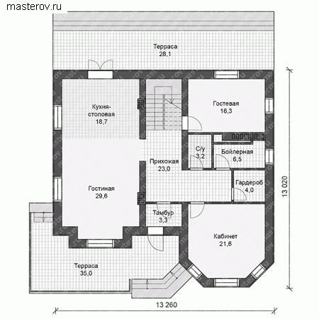 Проект загородного дома с цоколем и мансардой № U-455-1K - 1-й этаж