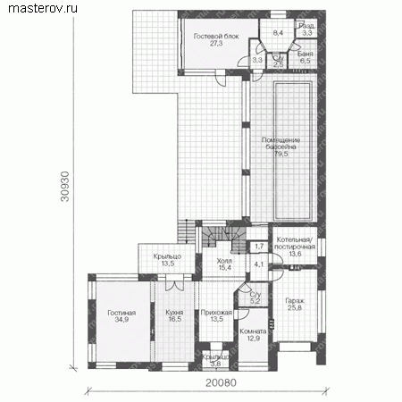 Проект кирпичного дома № U-487-1K - 1-й этаж