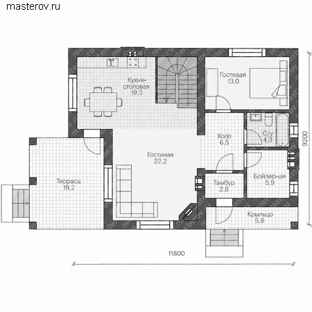 Проект пенобетонного дома № V-143-2P - 1-й этаж