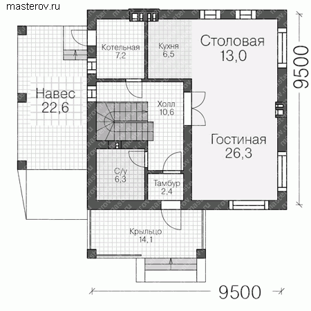 Проект пенобетонного дома из теплой керамики № V-145-1P - 1-й этаж