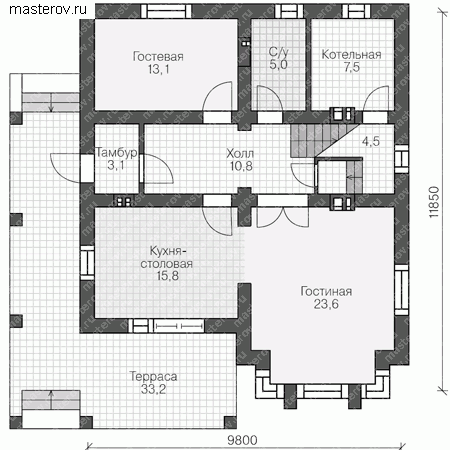 Проект пенобетонного дома № V-160-1P - 1-й этаж