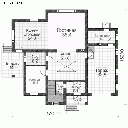 Загородный дом с гаражом, проект № V-266-1P - 1-й этаж