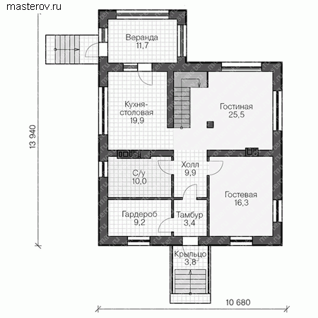 Загородный коттедж с цокольным этажом № V-305-1K - 1-й этаж