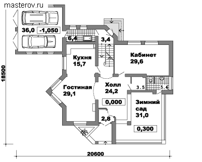 Проект мансардного дома с гаражом № V-458-1P - 1-й этаж