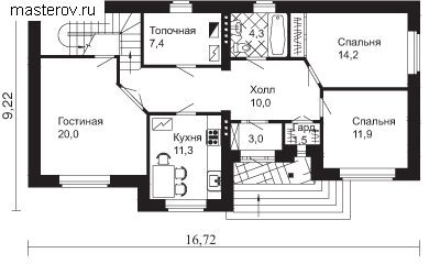 Загородный уютный дом  № W-127-1K - 1-й этаж