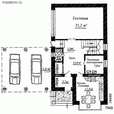 Узкий дом, проект № W-158-1K - 1-й этаж