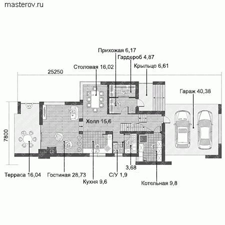 Проект узкого двухэтажного дома № W-231-1P - 1-й этаж