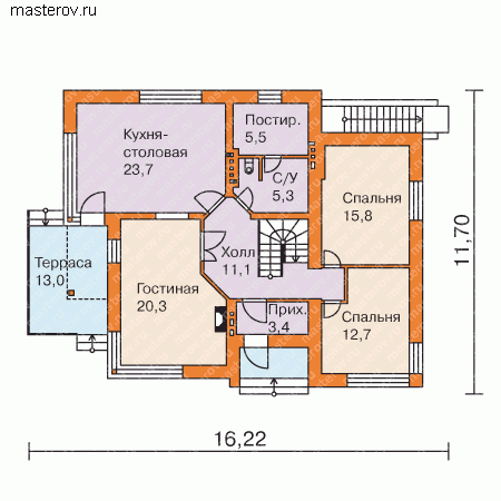 Готовый типовой проект дома с цокольным этажом № W-271-1K - 1-й этаж