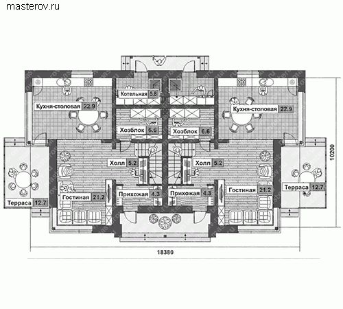 Проект загородного дома на две семьи № W-271-1P - 1-й этаж