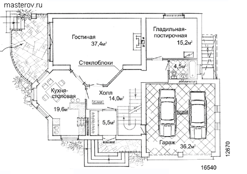 Кирпичный жилой коттедж № W-367-1K - 1-й этаж