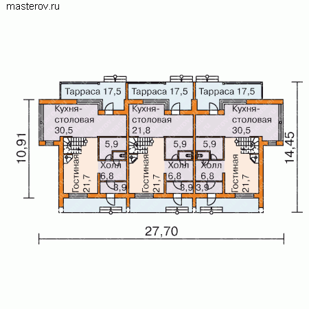 Проект таунхауса на 3 секции № W-428-1P - 1-й этаж