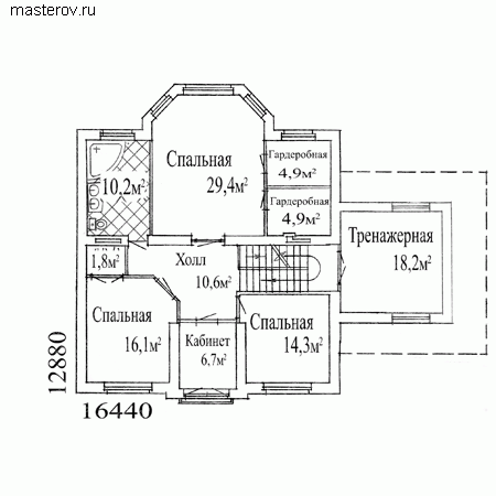 Проект дома с гаражом и бассейном № W-439-1K - 2-й этаж