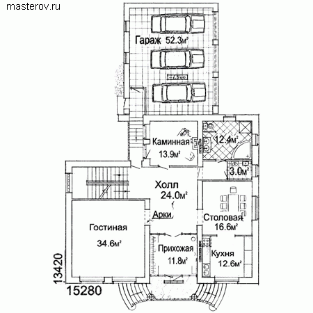 Большой загородный дом с цоколем № W-459-1K - 1-й этаж