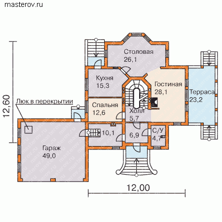 Проект пенобетонного дома № W-460-1P - 1-й этаж