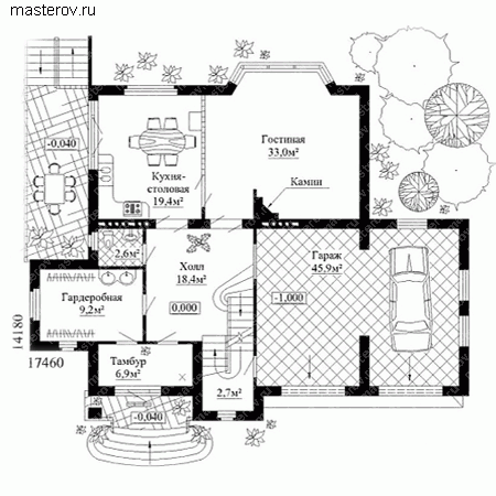 Проект кирпичного дома с гаражом на две машины № W-482-1K - 1-й этаж