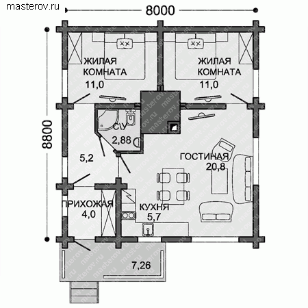 Проект 1 этажного дома из бревна № X-060-1D - 1-й этаж